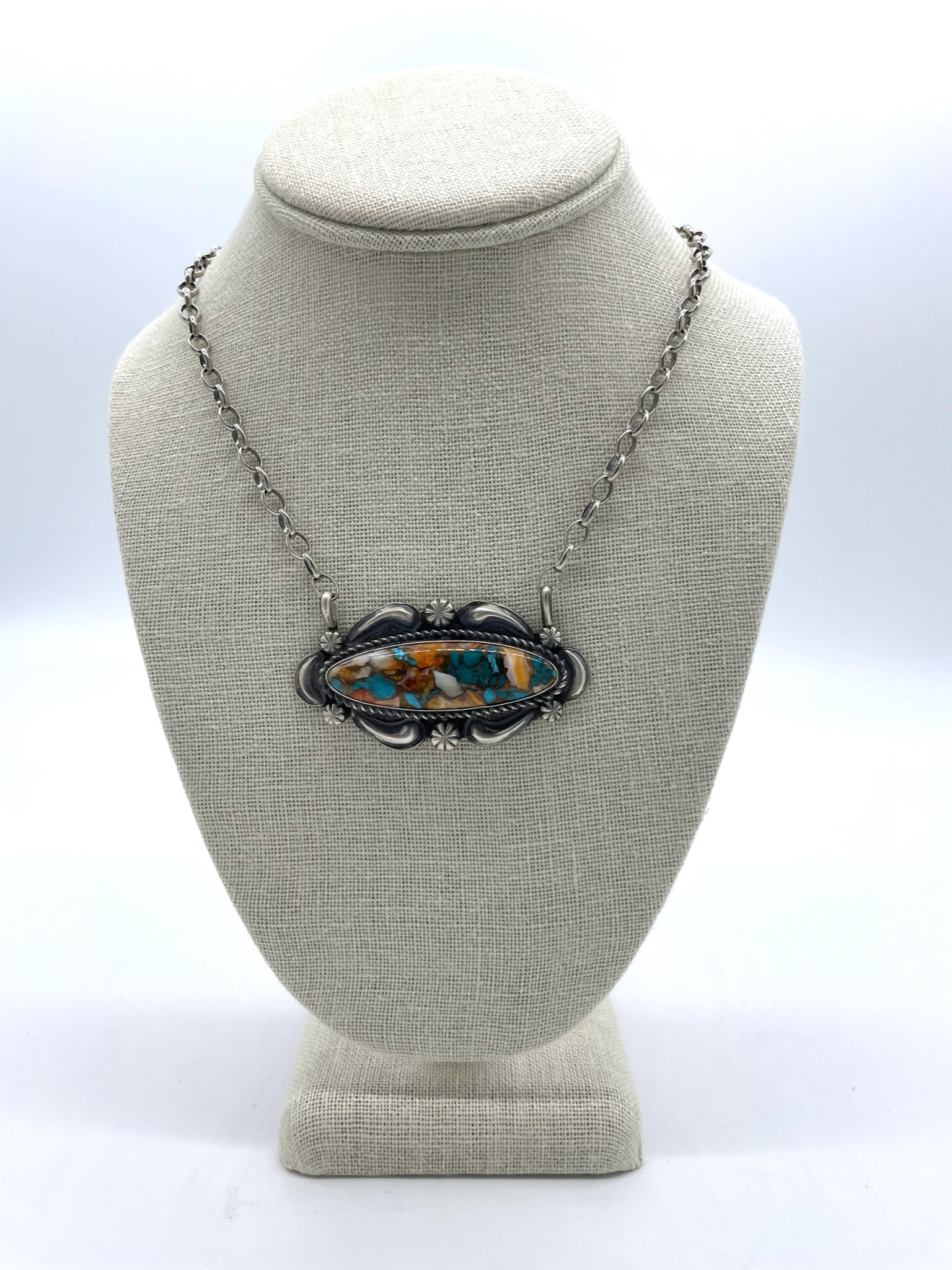 Navajo Sterling Silver, Spiny Oyster, & Turquoise Pendant Necklace