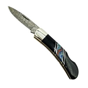 Jet & Azurite Damascus Blade Lockback Folding Pocket Knife