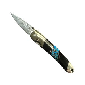 Liner Lock Damascus Folding Pocket Knife w/ Onyx, Turquoise, & Wood Handle