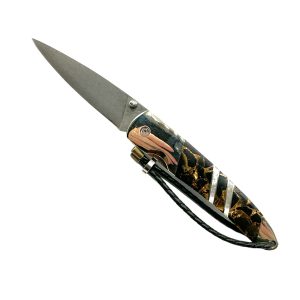 Liner Lock Damascus Folding Pocket Knife w/ Agate, MOP, & Wood Handle