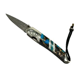 Liner Lock Damascus Folding Pocket Knife w/ Turquoise, Agate, MOP, & Wood Handle