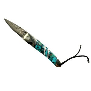 Liner Lock Damascus Folding Pocket Knife w/ Turquoise, MOP, & Wood Handle