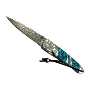 Liner Lock Damascus Blade Folding Pocket Knife w/ Turquoise, MOP, & Wood Handle