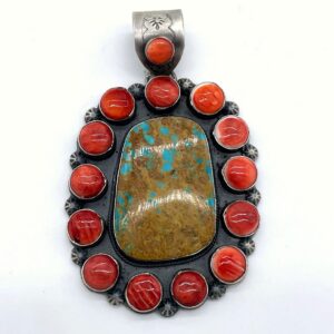 Big spiny Oyster Shell and Ryston Turquoise Sterling Silver Pendant