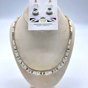 Curved White Buffalo & Onyx Inlaid on Sterling Silver Choker & Earrings Set