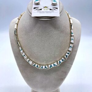 Curved White Buffalo & Turquoise Inlaid on Sterling Silver Choker & Earrings Set