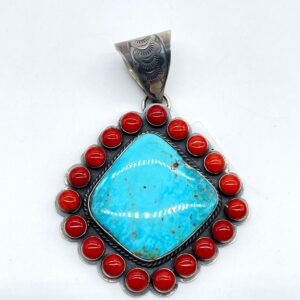 Diamond Shape Turquoise And Coral on Sterling Silver Pendant