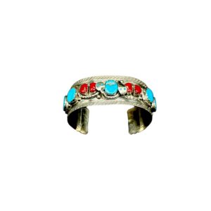 Effie Calavaza Zuni Sterling Silver, Turquoise & Coral Cuff Bracelet