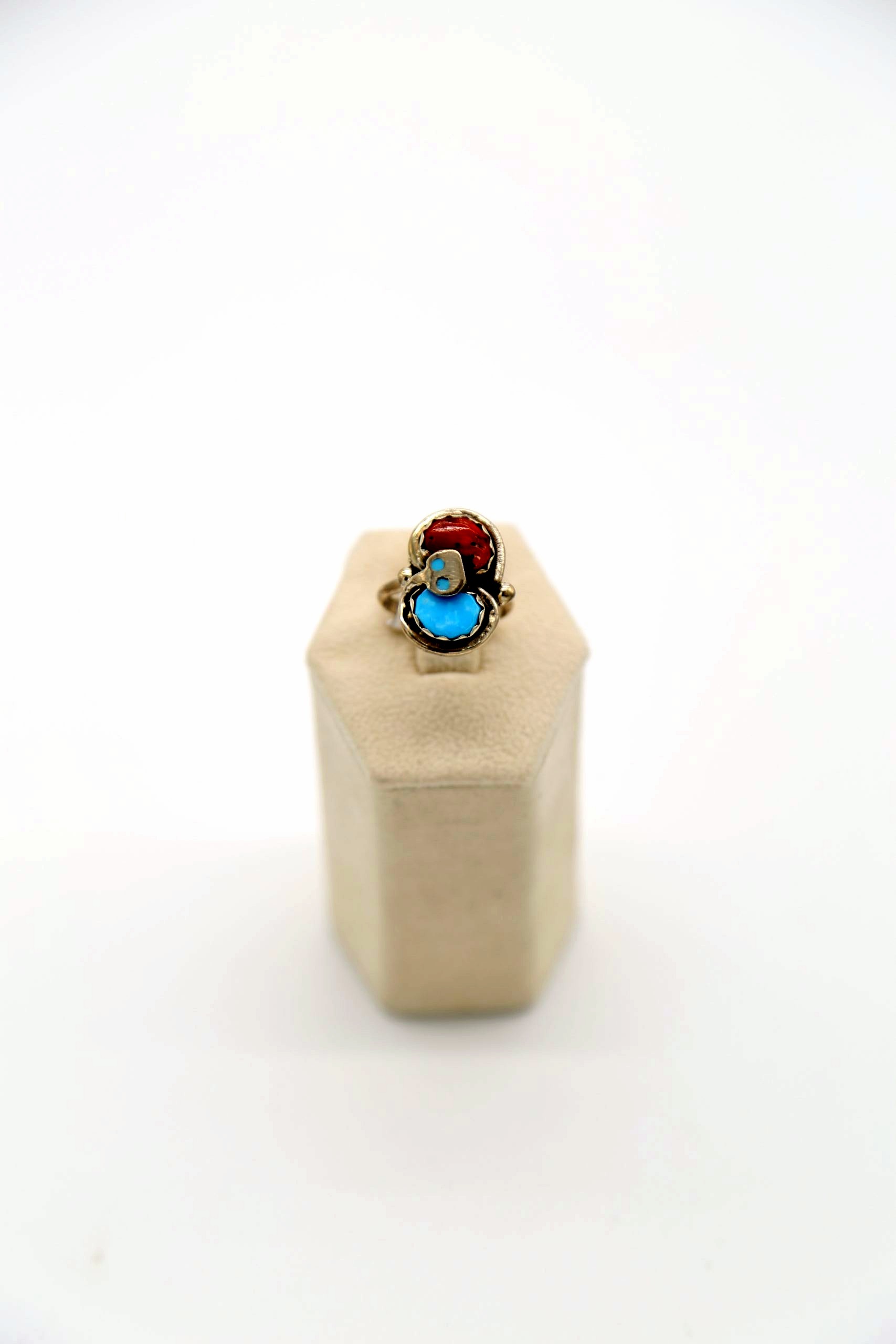 Zuni Effie C. Sterling Silver, Sleeping Beauty Turquoise, & Mediterranean Coral Snake Ring