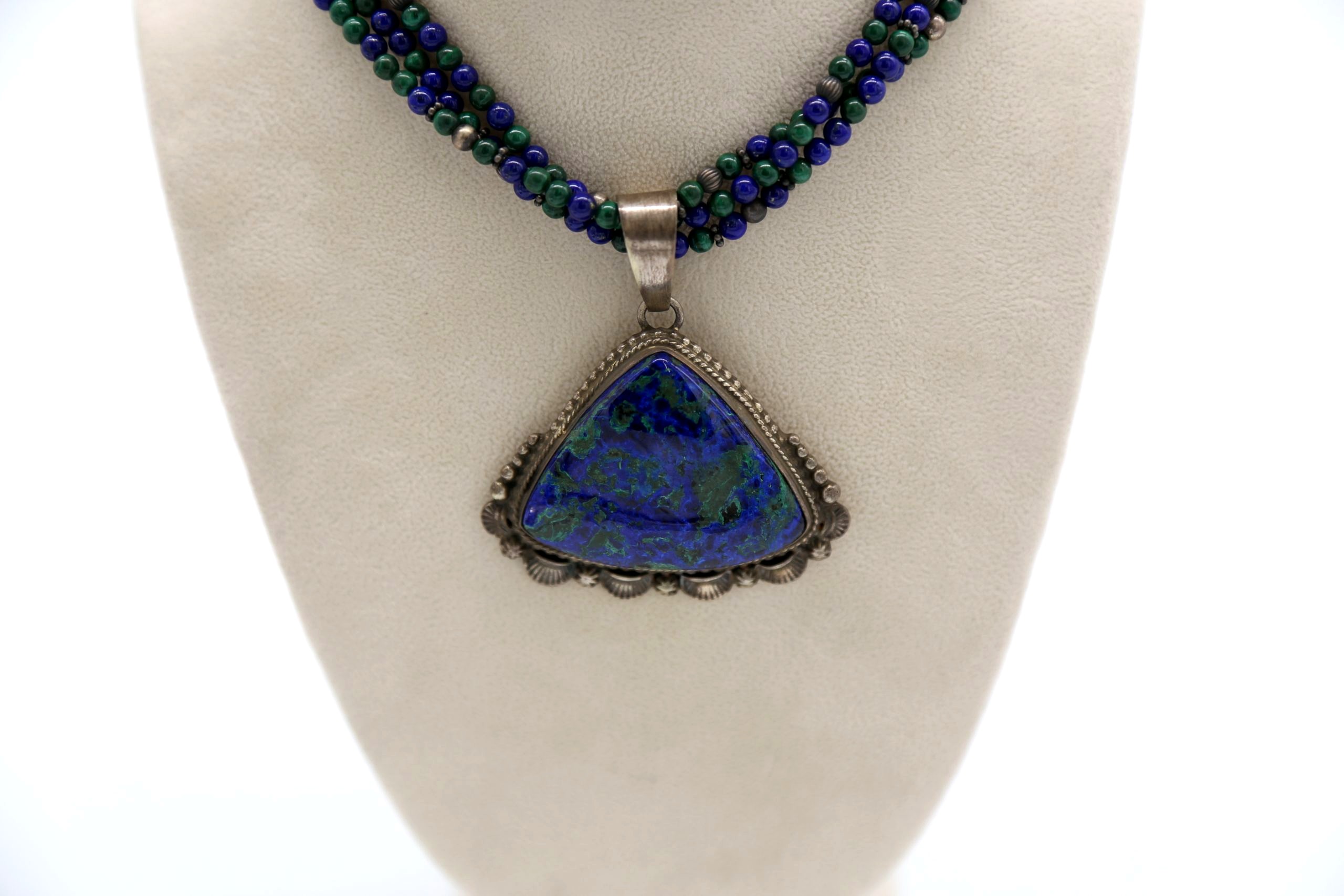 Sterling Silver, Azurite, Lapis, & Malachite 3-Strand Pendant Necklace