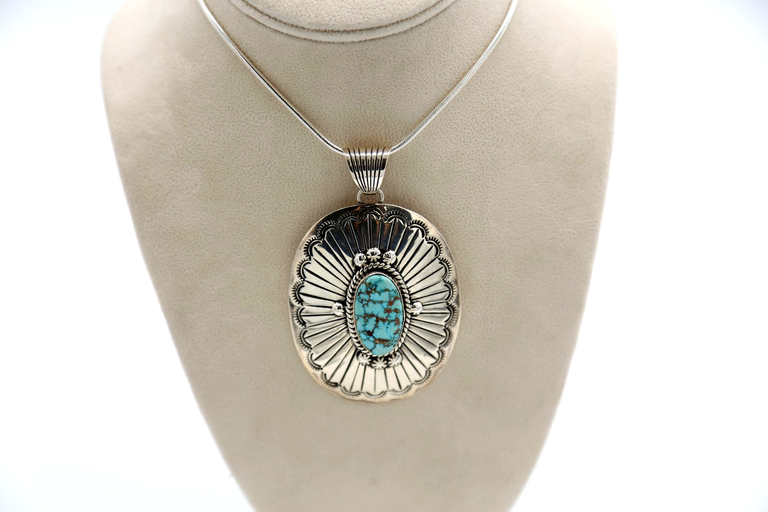Navajo Sterling Silver & No. 8 Turquoise Concho Pendant Necklace
