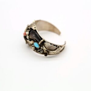 Sterling Silver, Turquoise, Coral, & Bear Claw Cuff Bracelet