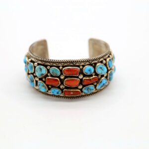 Navajo Sterling Silver Kingman Turquoise & Oxblood Coral Wide Cuff Bracelet
