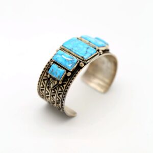 Navajo Sterling Silver 5-stone Kingman Turquoise Wide Cuff Bracelet