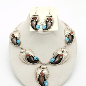Sterling Silver Kingman Turquoise & Coral Bearclaw Necklace & Earring Set