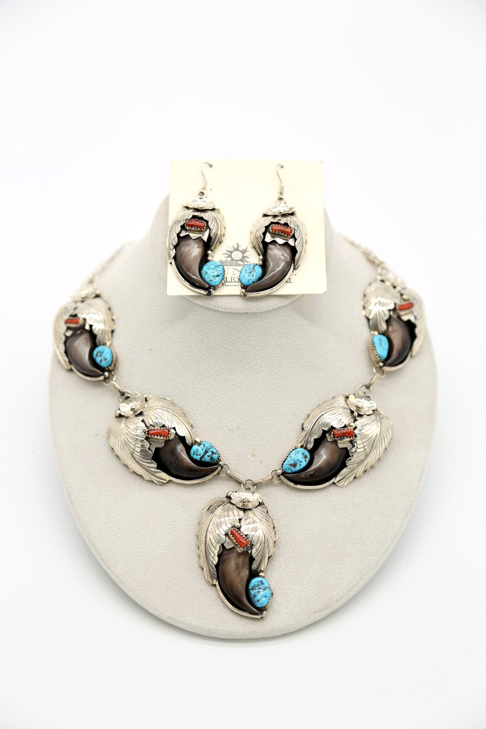 Sterling Silver Kingman Turquoise & Coral Bearclaw Necklace & Earring Set