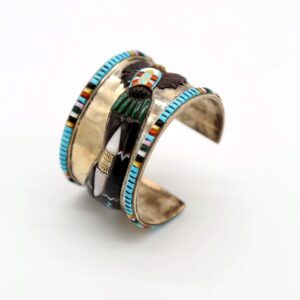 Zuni Sterling Silver & Multi-Stone Kachina Corn Maiden Wide Cuff Bracelet