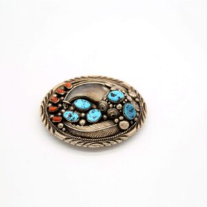 Navajo Sterling Silver, Bearclaw, Kingman Turquoise, & Oxblood Coral Belt Buckle