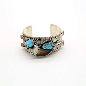 Sterling Silver Kingman Turquoise & Coral Bearclaw Bracelet