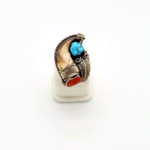 Navajo Sterling Silver, Bearclaw, Turquoise, & Coral Ring