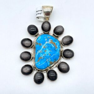 Kingman Turquoise And Grey Tiger Eye Clustered Pendant on Sterling Silver