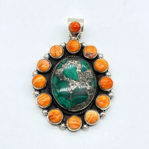 Large Malachite Turquoise And Spiny Oyster Shell and Sterling Silver Pendant