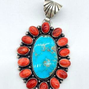 Large Oval Royston Turquoise And Spiny Oyster Shell Clustered Pendant on Sterling Silver