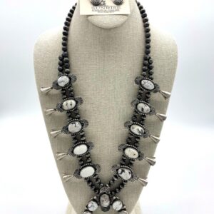 Sterling SIlver & White Buffalo Squash Blossom Necklace and Earrings Set