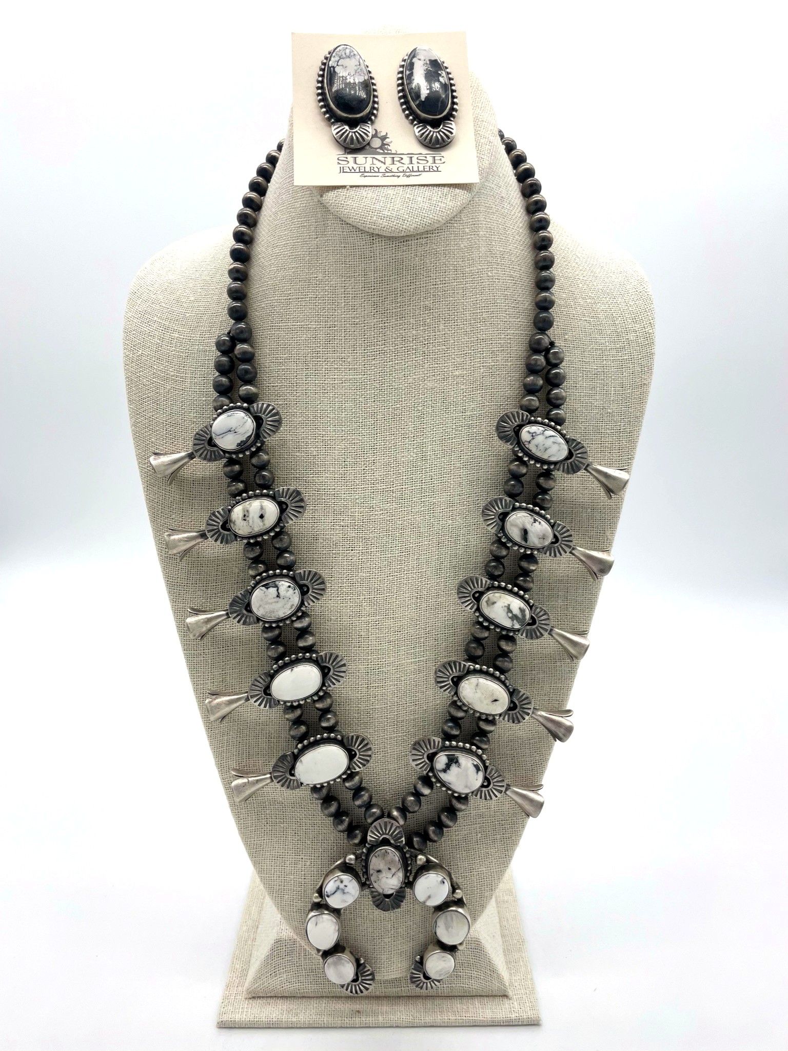 Large oval White Buffalo squash blossom necklace