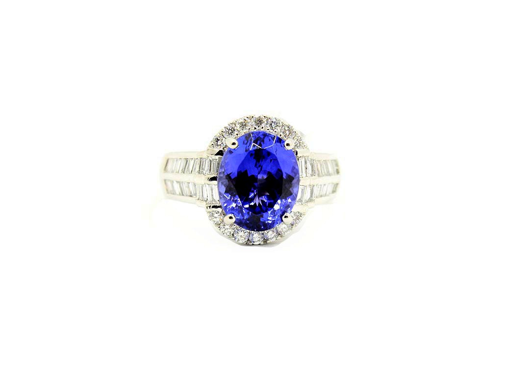 Platinum tanzanite and diamond split shank ring