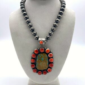 Navajo Royston Turquoise & Spiny Oyster Sterling Silver Pendant & Sterling Silver Bench Bead Necklace