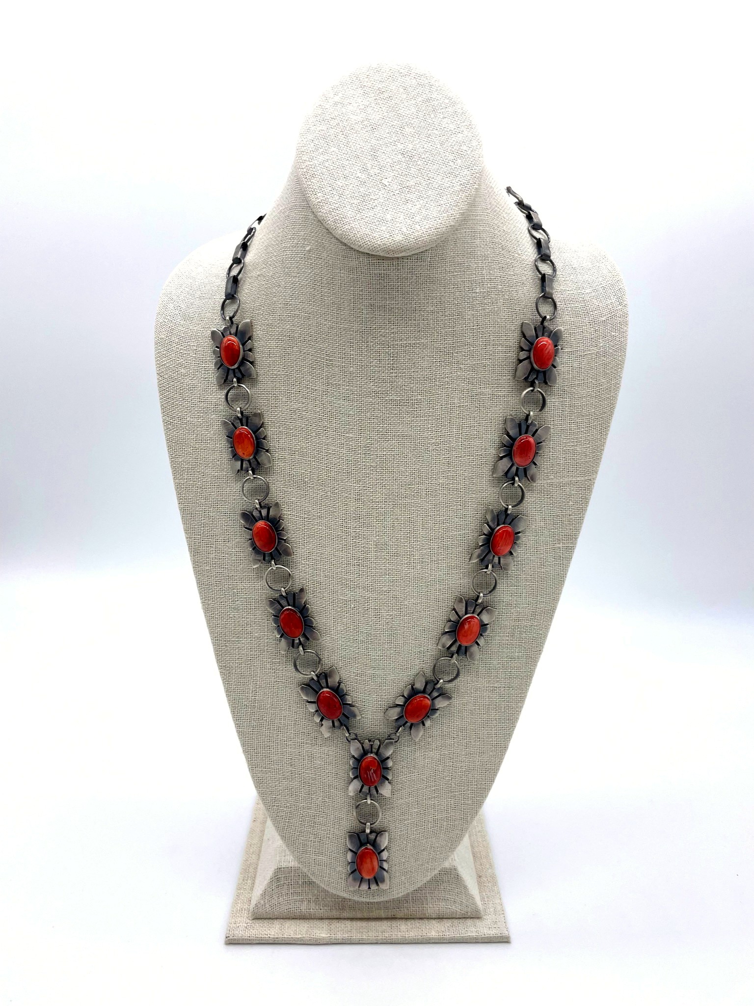 Navajo Sterling Silver & Spiny Oyster 12 Station Drop Necklace