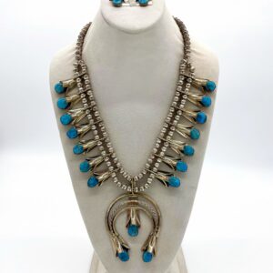 Sterling Silver & Royston Turquoise Squash Blossom Necklace & Earrings set