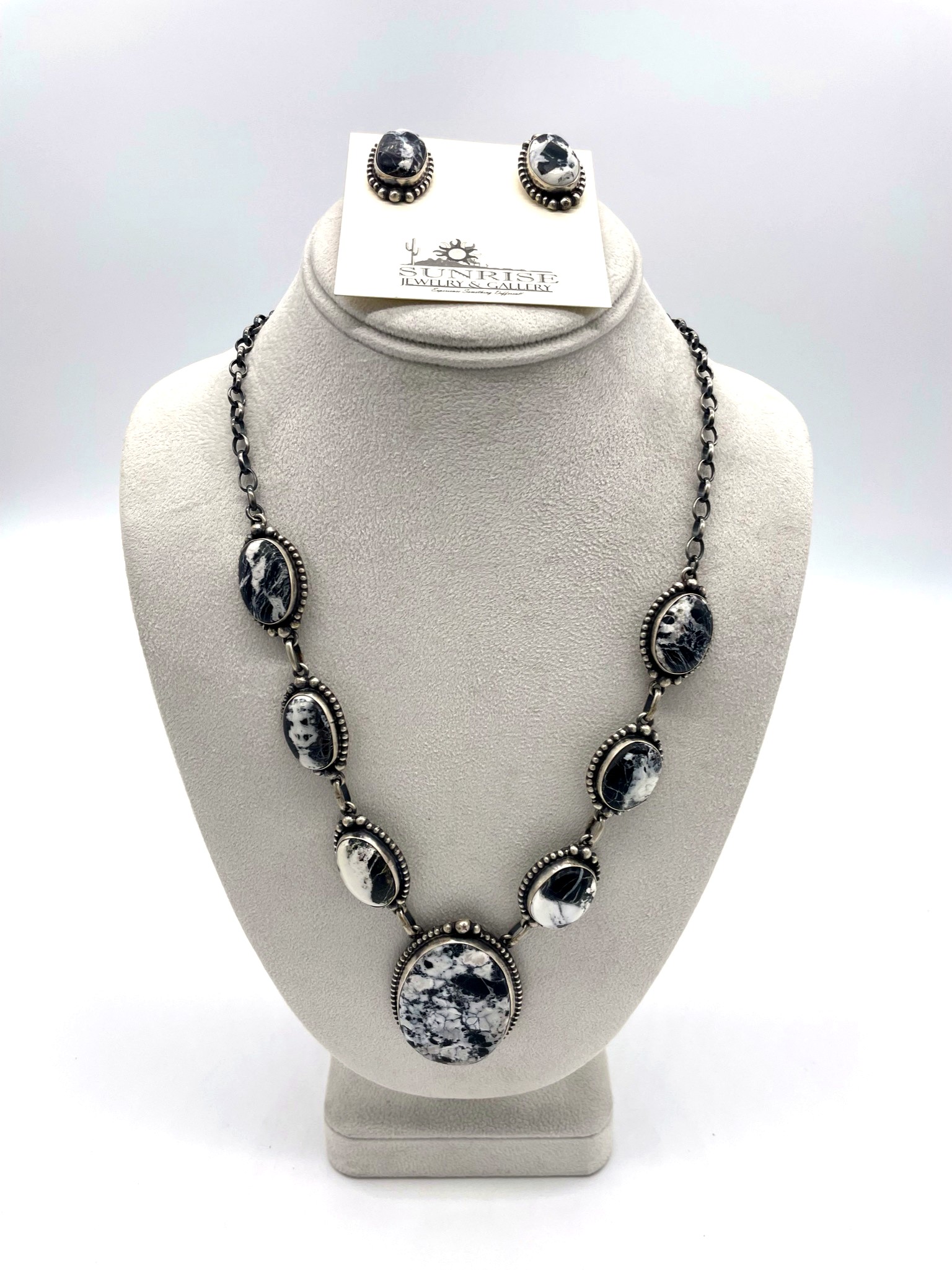 Navajo Sterling Silver & White Buffalo 7 Station Drop Necklace