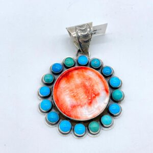 Round Engraved Native Indian Profile on Spiny Oyster Shell and Turquoise on Sterling Silver Pendant