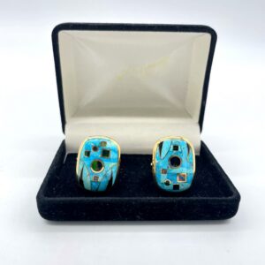 Sonoran Turquoise, Onyx And multicolor Opal inlay Gold Cufflinks