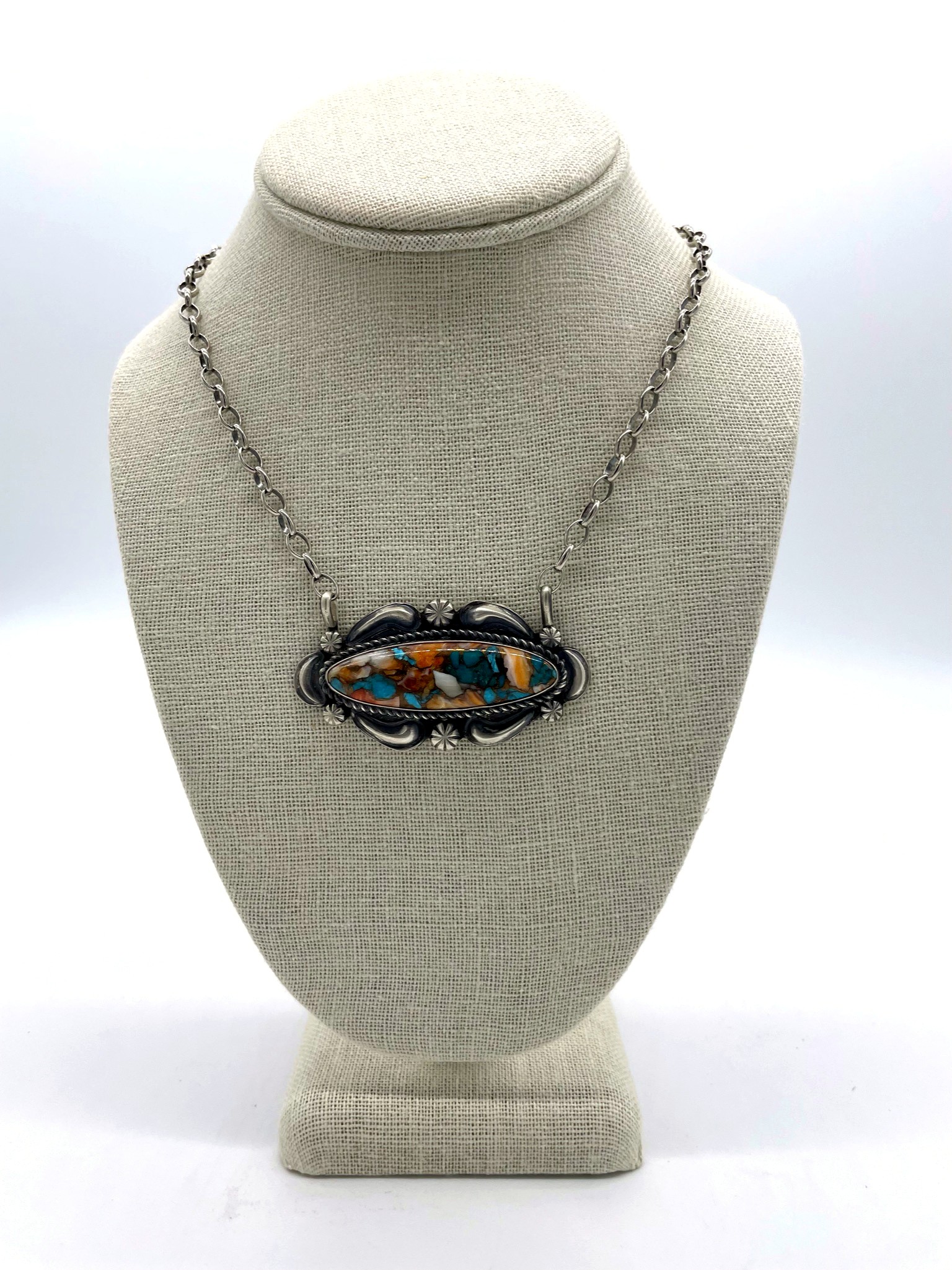 Navajo Sterling Silver, Spiny Oyster, & Turquoise Pendant Necklace
