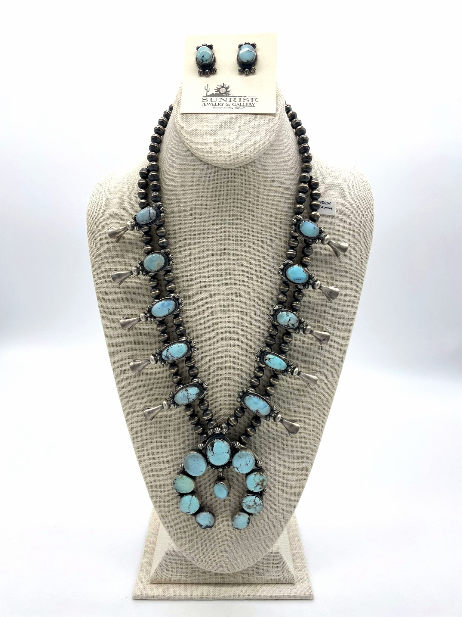 Sterling silver and Golden Hills turquoise squash blossom necklace