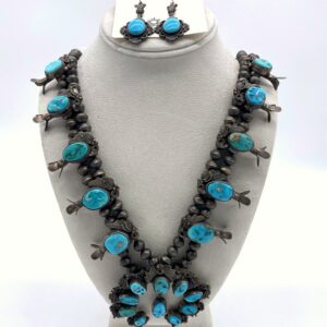Sterling Silver & Sleeping Beauty Turquoise Squash Blossom Necklace & Earrings Set