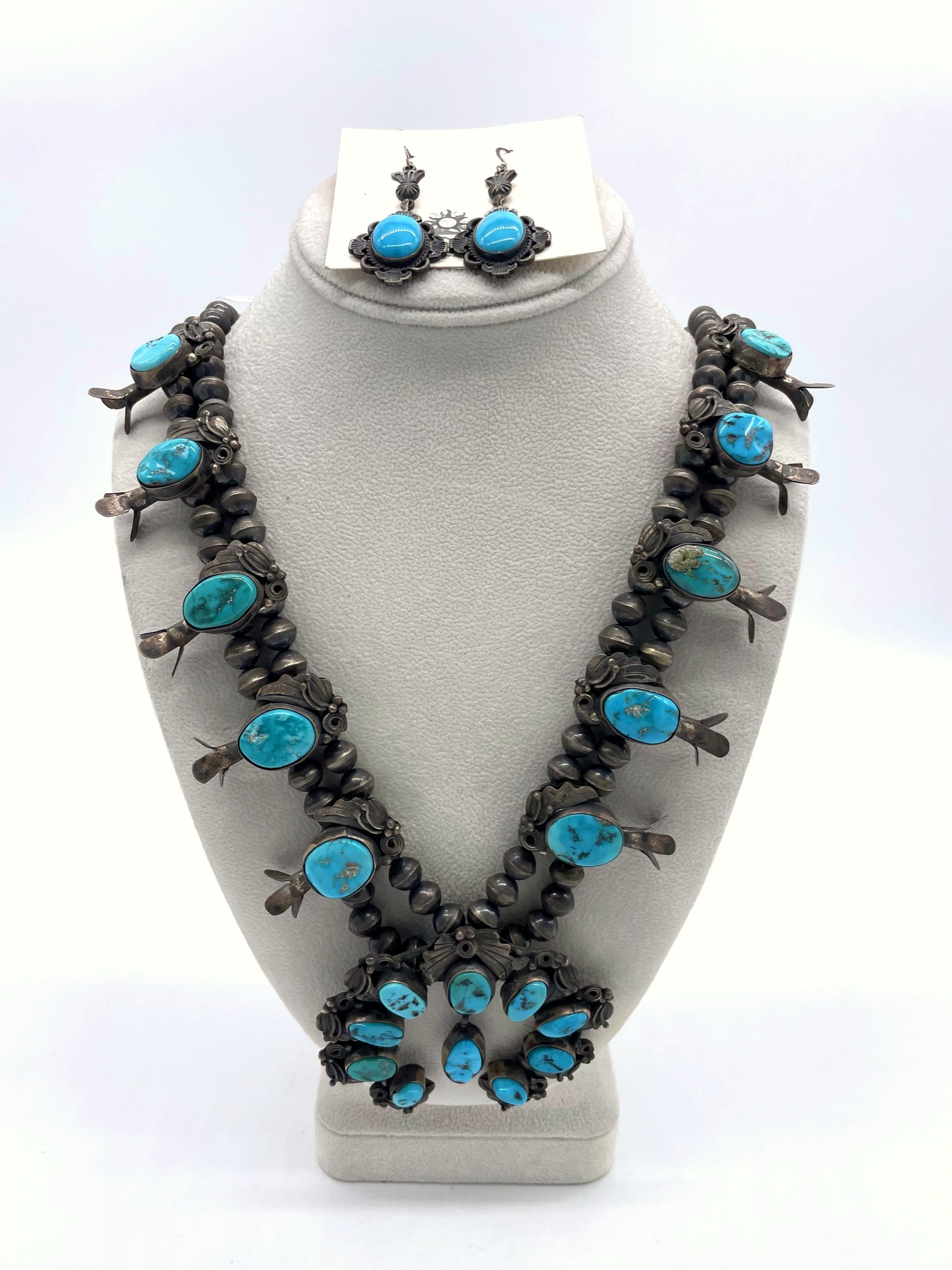 Sterling Silver & Sleeping Beauty Turquoise Squash Blossom Necklace & Earrings Set