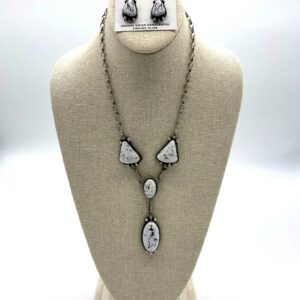 Sterling Silver Triangle And Oval White Buffalo Pendant Necklace and Earrings Set