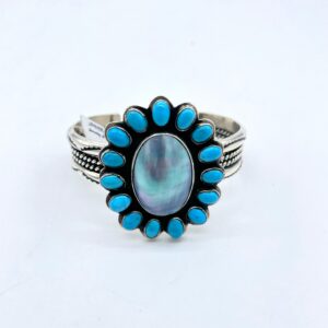 Turquoise Clustered And Smoky mother pearl Shell on Sterling Silver Cuff Bracelet