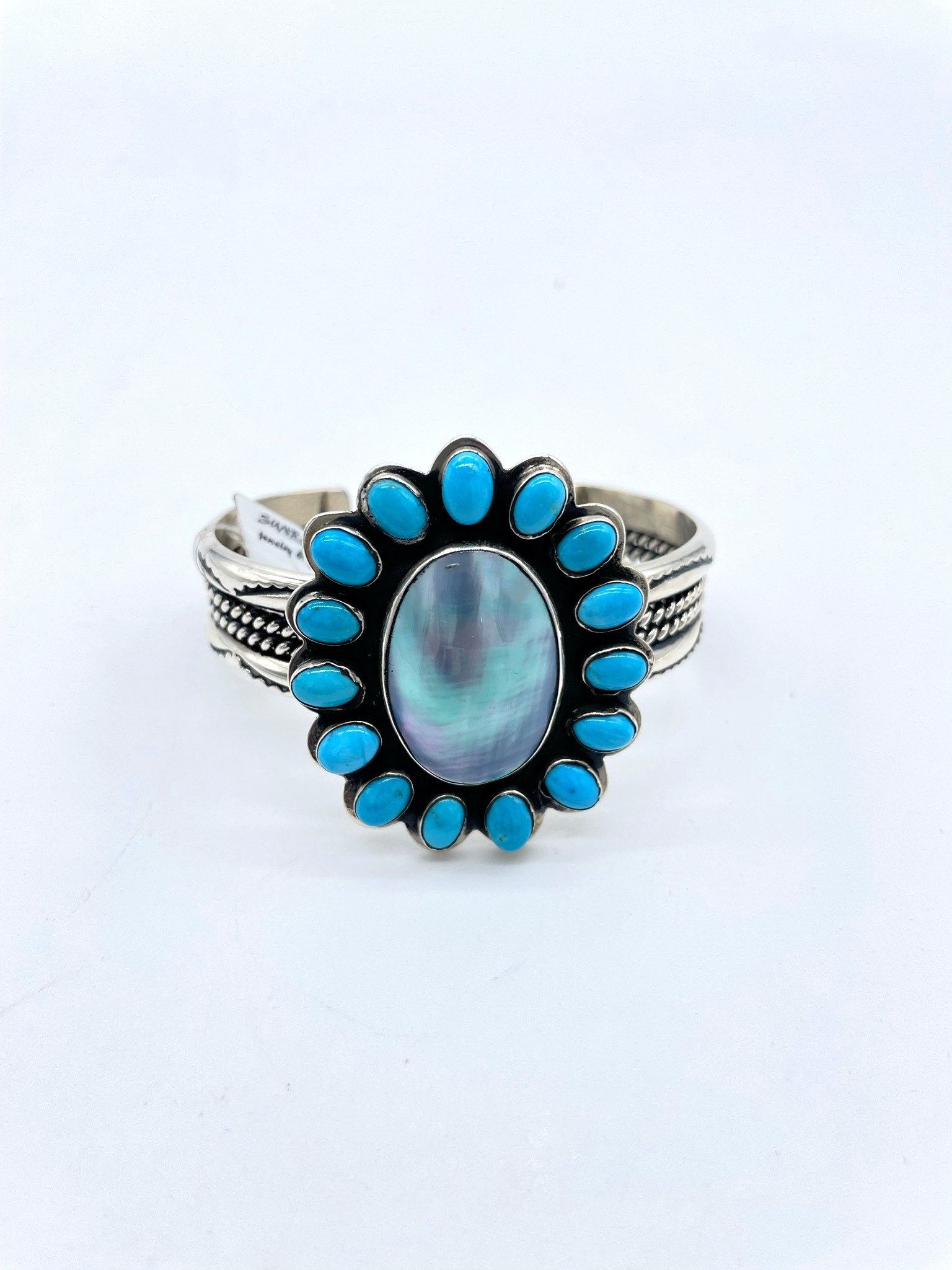 Turquoise Clustered And Smoky mother pearl Shell on Sterling Silver Cuff Bracelet