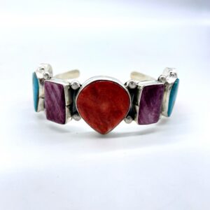 Turquoise, Purple And Orange Spiny Oyster Shell on Sterling Silver Cuff Bracelet