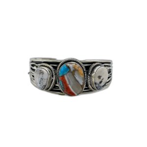 White Buffalo And Multicolor Turquoise On Sterling Silver Cuff Bracelet