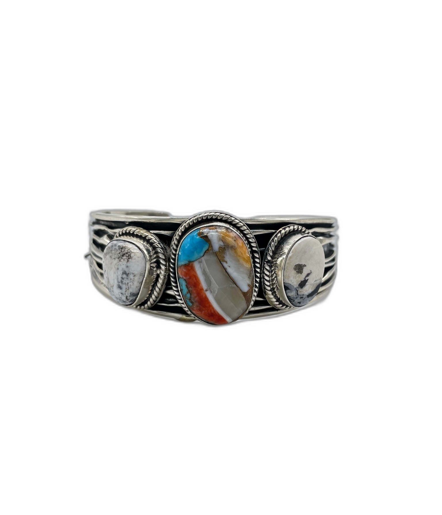 White Buffalo And Multicolor Turquoise On Sterling Silver Cuff Bracelet