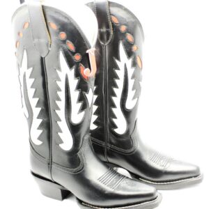 Black leather cowboy boots with white and red inlay