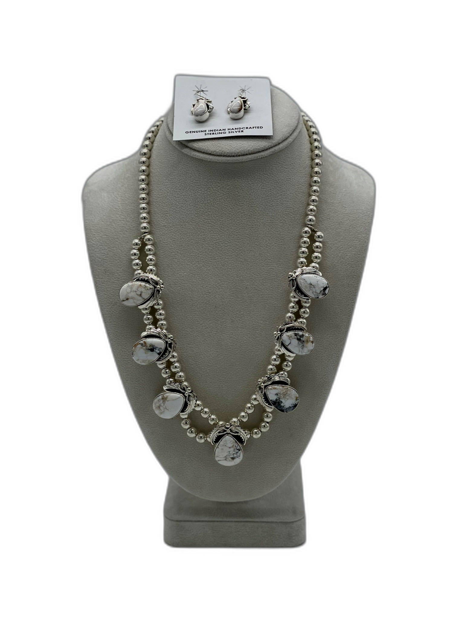 Sterling Silver & White Buffalo 7 Station Necklace & Earrings Set