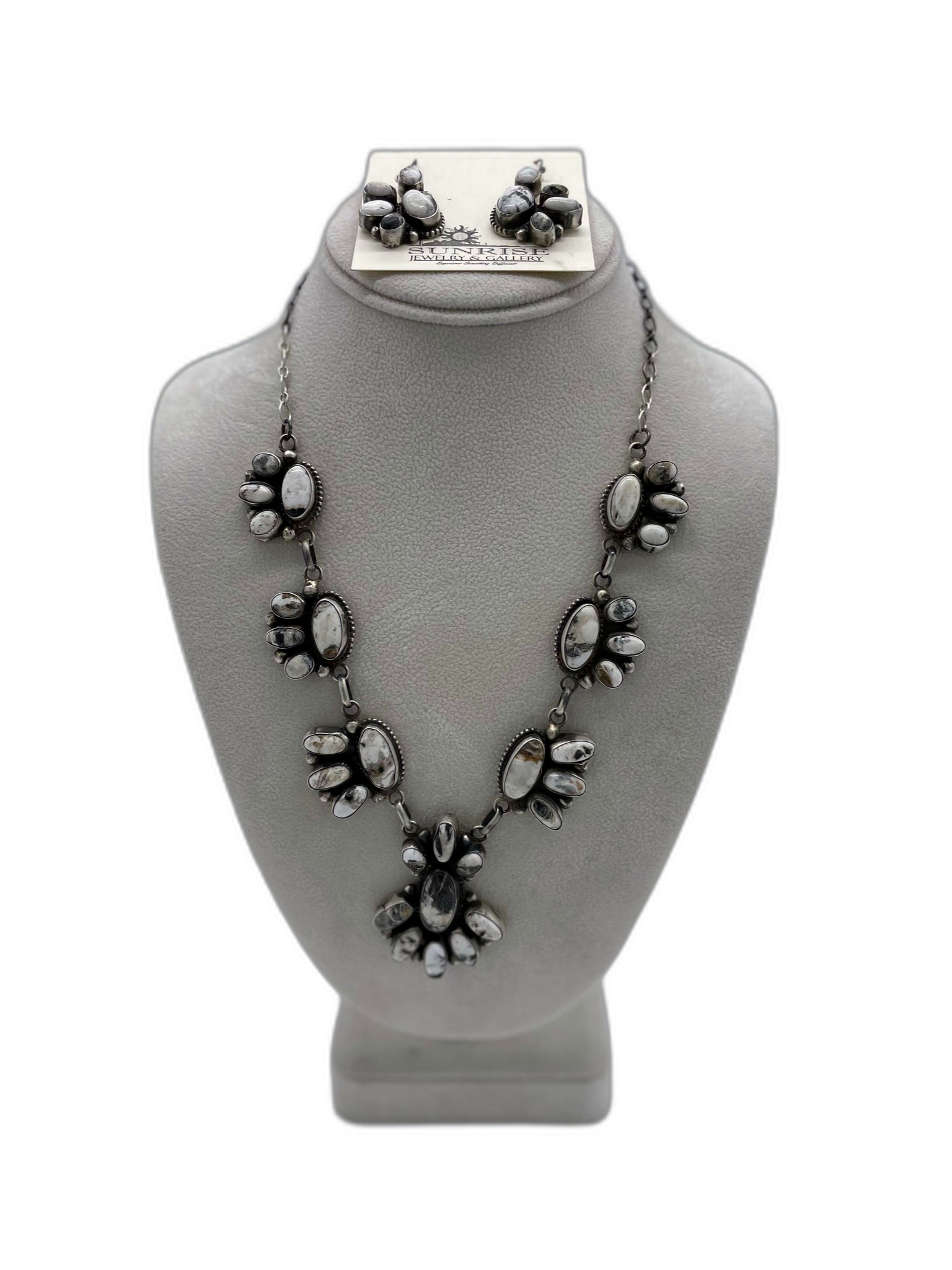 Sterling Silver & White Buffalo 7 Station Necklace & Earrings Set