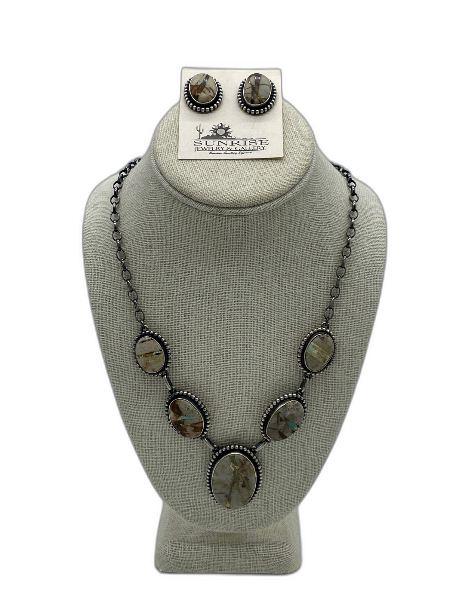 Sterling Silver & Boulder Turquoise 5-Station Necklace and Earrings Set
